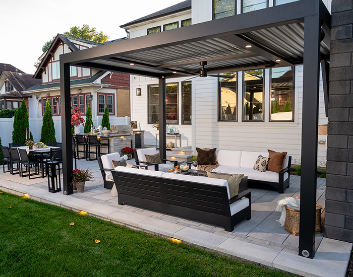 Sleek black pergola landscape design