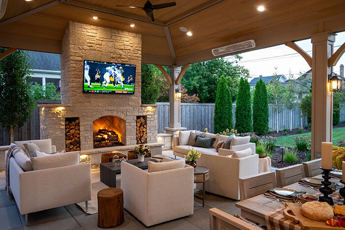 living area outdoor fireplace